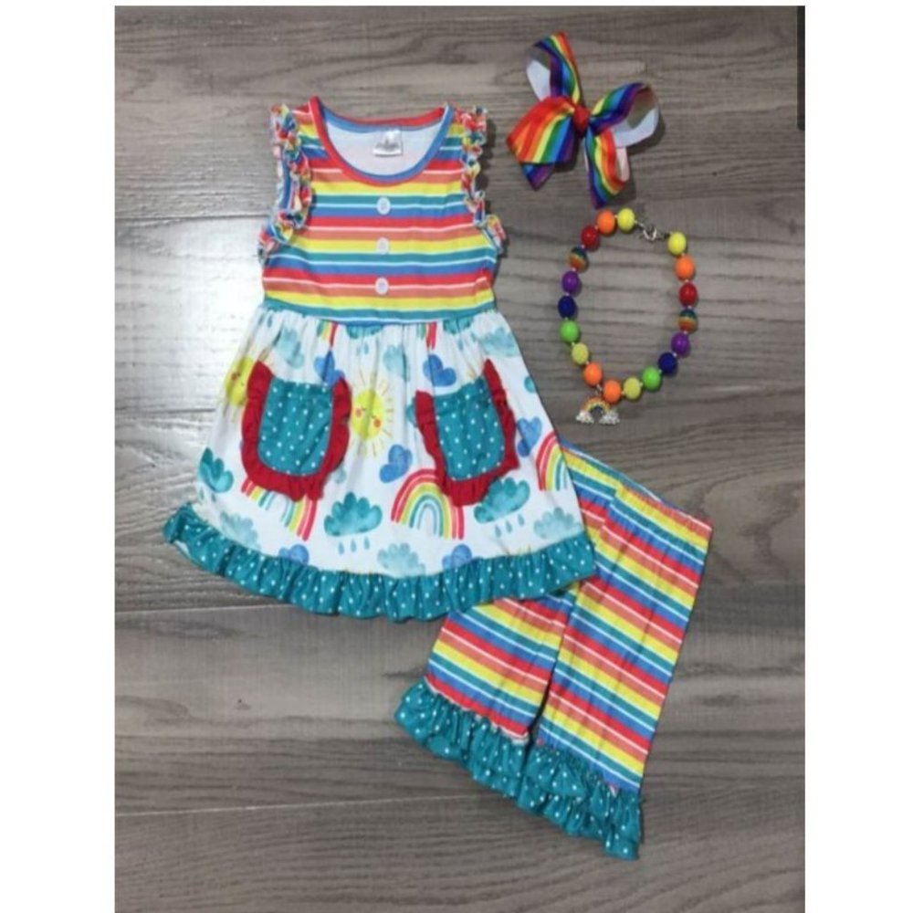 Boutique Rainbow Tunic Dress Ruffle Shorts Girls Outfit Set